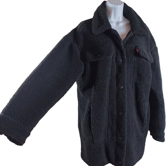Levi’s Black Sherpa Fleece Teddy Jacket Sz L Full Zip Snap Faux Fur Lined Coat - Picture 3 of 11